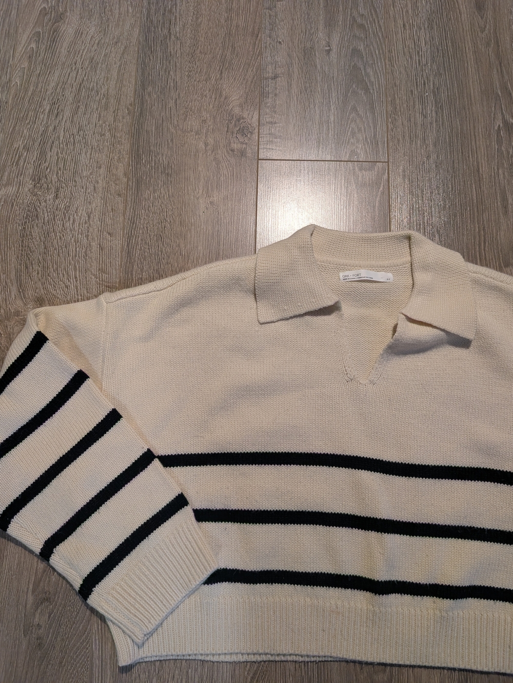 Oak + Fort Cream Collared Striped Knit Sweater – Minimalist Coastal Style